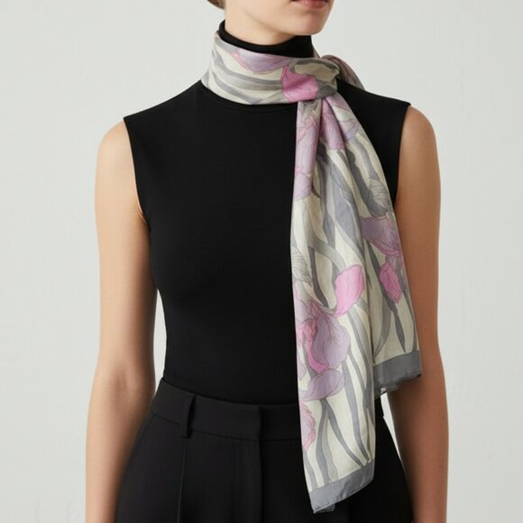 100% Silk Floral Sheer Scarf with Pink Transparent Rectangle Botanical Design - Picture 1 of 4